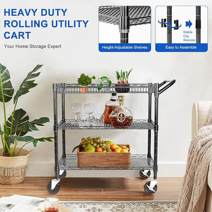 YNN Black Utility Rolling Cart,990Lbs 3 Tier Heavy Duty Metal Cart with Wheels & Handle NSF Wheeled Cart 31" D x 18" W x 33" H for Bedroom, Bathroom, Kitchen,Garden,Decor,Serving