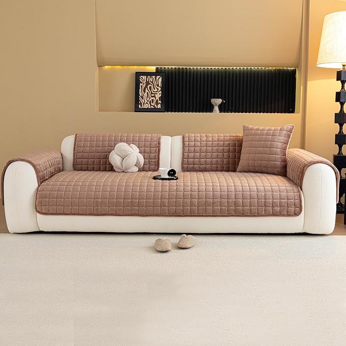 Velvet Couch Cover, Plush Sectional Sofa Cover Washable, Anti Slip Sofa Slipcover for 3 Cushions Sofas, Furniture Protector Covers for Pets & Kids(1PC, Dark Brown, 35.4"×71", 3-Seater)