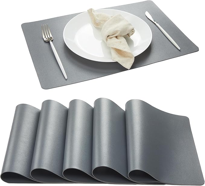 DOLOPL Placemats Set of 6-17"x11.8", Faux Leather Heat Resistant Table Placemat for Dining Table Protection, Waterproof Wipeable & Washable Kitchen Table Mats for Dining,Party,BBQ,Holiday(Gray)