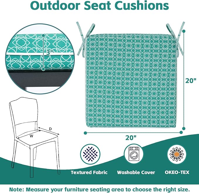 COZYVIDA Outdoor Chair Cushions Set of 4, 20"x20" Square Seat Pads with Tie Straps and YKK Zippers, 30D High-Density Foam, Water-Resistant Fabric,UV-Resistant 1000+ Hrs