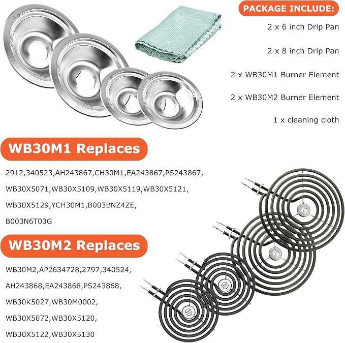 WB31T10010 WB31T10011 Chrome Drip Pans and WB30M1 WB30M2 Electric Stove Burners Replacement for G.E Hot-point Stove, 6" & 8” Drip Pans and Stove Burner Element Set by Fetechmate - 1 Year