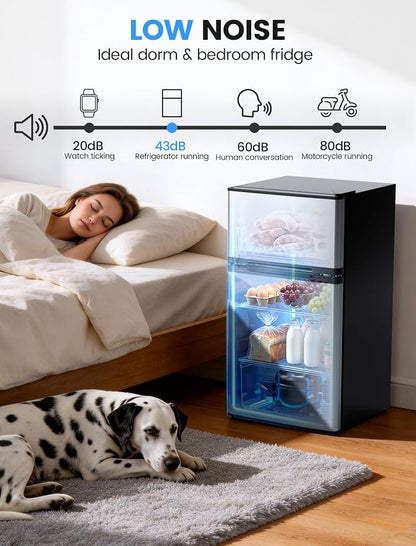 COWSAR 2.45 Cu.Ft Mini Fridge with Freezer, 2 Reversible Door Compact Office Refrigerator with 2 Removable Shelves, Energy Efficient Commercial Dorm Fridge for Bedroom, Office, Apartment, Silver