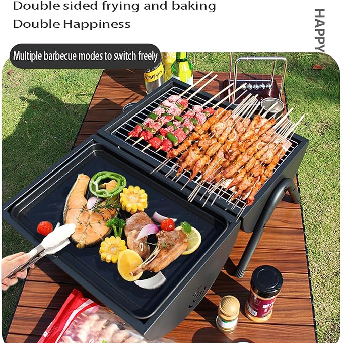 Portable charcoal grill with thermometer and double-sided grill net, suitable for camping and backyard smoking barbecue