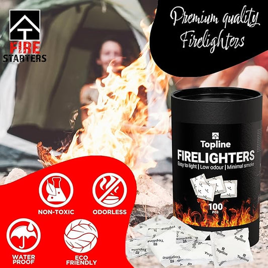Topline 100 Fire Starters for Fireplace, Wood Stove, Charcoal BBQ & Campfire — Waterproof Odorless Fire Starter Sachets, Quick-Light Indoor & Outdoor Firestarter Pouches in Storage Tube