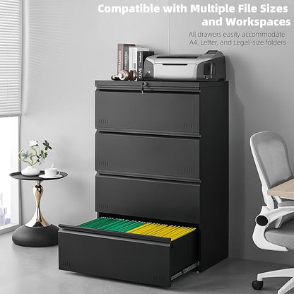 Approgreent Lateral 4 Drawer File Cabient with Lock, Metal Filing Cabinets for Home Office, Heavty Duty Office Storage Cabinet for A4/Letter/Legal (Matte Black)