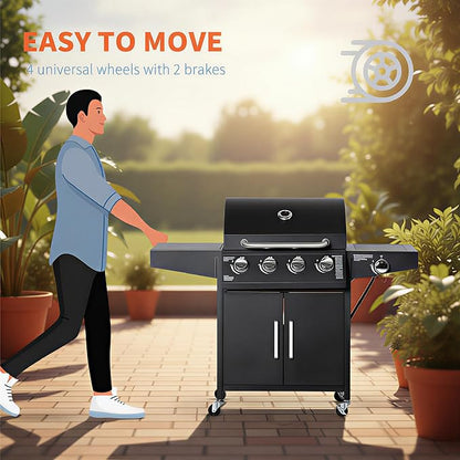Outsunny 4 Burner Propane Gas Grill with Side Burner, 48,000 BTU Steel Outdoor Barbecue Grill with Cabinet, Shelf, Warming Rack, Thermometer, Wheels, Black