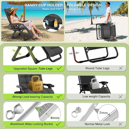 Suteck Zero Gravity Chair, Reclining Camping Chairs w/Removable Cushion | Anti Gravity Recliner Lounge Chair with Aluminum Alloy Lock & Cup Holder, 90-170° Adjustable, for Lawn Patio Indoor