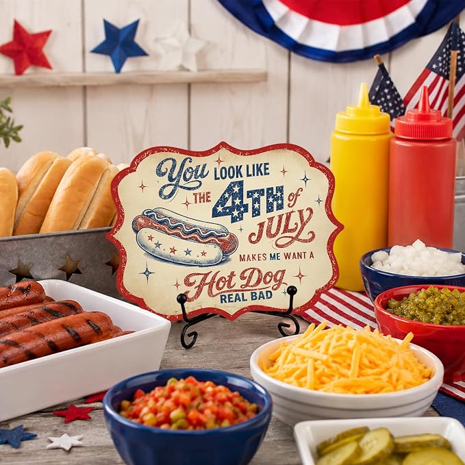 Fourth of July Wooden Sign with Metal Stand, Patriotic Hot Dog Station Decor for BBQ Party, Food Truck, Restaurant Counter, Independence Day 5 x 7 Inch Tabletop Display - A08