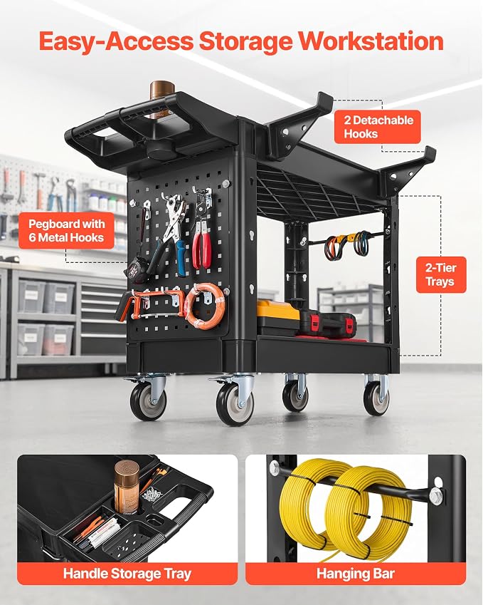 VEVOR Heavy Duty Utility Cart with Tray & Pegboard, 550 LBS 2 Tier Service Cart with 360° Swivel & Fixed Wheels (2 with Brakes), Plastic Rolling Cart, Tool Storage for Garage Warehouse Workshop