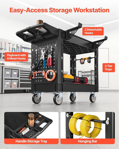 VEVOR Heavy Duty Utility Cart with Tray & Pegboard, 550 LBS 2 Tier Service Cart with 360° Swivel & Fixed Wheels (2 with Brakes), Plastic Rolling Cart, Tool Storage for Garage Warehouse Workshop