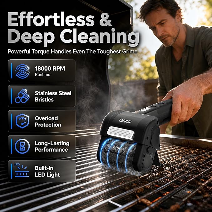 Electric Grill Brush, Grill Cleaner with LED Light, with 800 RPM Motor, 304 Removable Stainless Steel Brush Head, Cordless & Type-C Rechargeable for BBQ, Heavy Duty Grill Cleaning Tool (Grey Black)