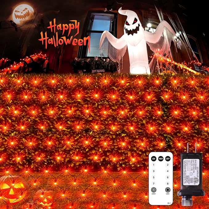 JMEXSUSS 360 LED Halloween Net Lights, Orange, 12ft x 5ft | Outdoor Waterproof, Connectable, Plug in, Mesh Lights with Remote for Bushes Shrubs Christmas Halloween Decorations