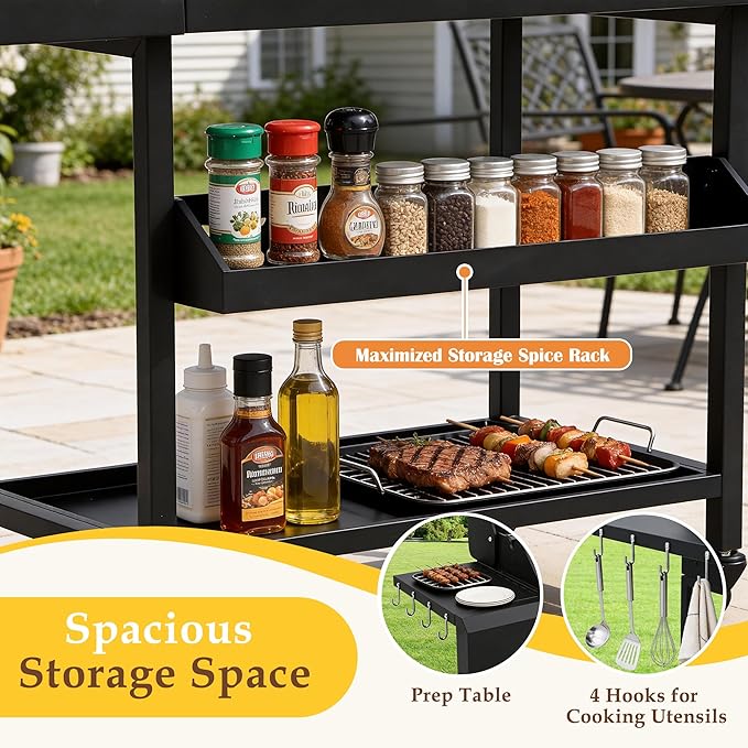 4-Burners Propane Gas BBQ Grill with Top Cover Lid&Side Burner, 50,000BTU Outdoor Gas Grill with Stainless Steel Grates, Storage Racks & Hooks for Patio Yard (Black without Door)