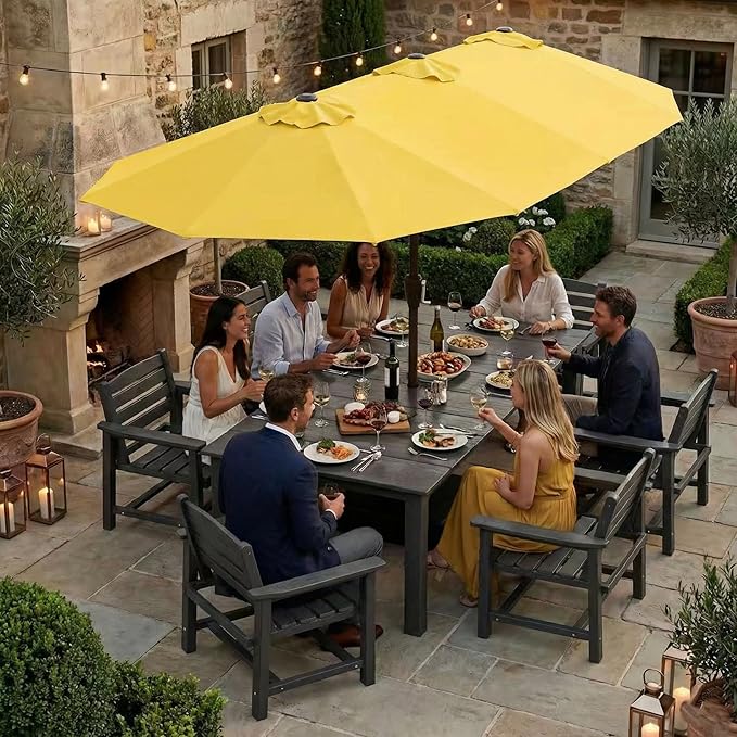 Kingdura 13ft Large Patio Umbrella with Base Included, Double-Sided Rectangle Outdoor Table Umbrella with 12 Reinforced Ribs, Crank Lift for Market Pool Deck Backyard, Yellow
