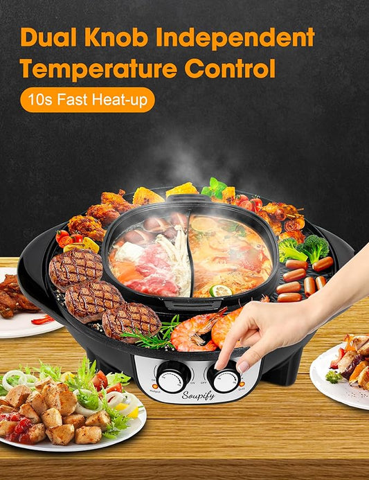 2 in 1 Hot Pot with Grill, Electric Korean BBQ Grill, Independent Dual Temperature Control & Non-stick Pan, Multi-function Smokeless Barbecue Grill for Family and Friends Gathering