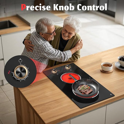 2 Burner Electric Cooktop, Built-in & Countertop Electric Stovetop 12 Inch | Ceramic Cook Top with Knob Control, 9 Power Levels Setting, Over-Temperature Protection, 110V - 120V Plug in, Traenvir