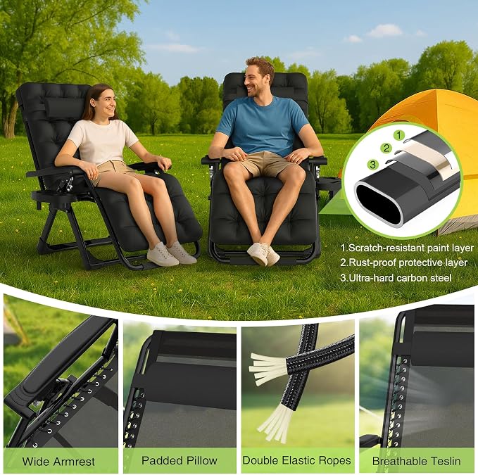 Suteck Zero Gravity Chair, Reclining Camping Chairs w/Removable Cushion | Anti Gravity Recliner Lounge Chair with Aluminum Alloy Lock & Cup Holder, 90-170° Adjustable, for Lawn Patio Indoor