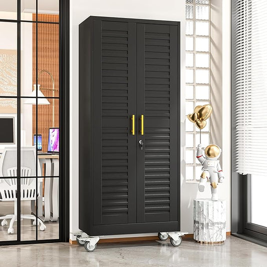 GAIOUS 71” Metal Garage Storage Cabinet with Lock and Wheels, Metal Storage Cabinet with Louvered Door and 4 Adjustable Shelves, Rolling Tool Cabinet, Utility File Cabinet for Home Office -Black