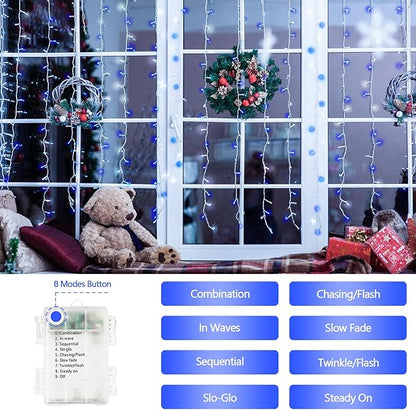 2 Pack String Lights Battery Operated with Timer, 66FT 200 LED Waterproof Battery Twinkle Lights, 8 Modes Fairy Light for Indoor & Outdoor Party Bedroom Porch Tree Christmas Decorations (Blue & White)