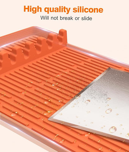 Silicone Grill Mat Compatible with Blackstone, BBQ Griddle Tools Mat with Drip Pad, Large Spatula Holder for Outdoor Kitchen Counter, Gifts for Men (Orange)