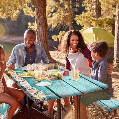 Wood Grain Picnic Table and Bench Fitted Tablecloth Cover, Ocean Mesh Starfish with Shells Print Elastic Edged Rectangluar Table Cover, 28x72 Inch, Great for Picnic Party Outdoor Patio Use, Teal Blue