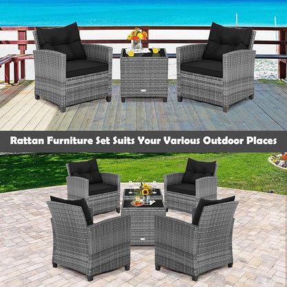 HAPPYGRILL 3 Pieces Patio Conversation Set, Outdoor Furniture Set PE Rattan Sofa Set with Removable Cushions, PE Wicker Chairs with Tempered Glass Side Table for Porch Lawn Garden Balcony Backyard
