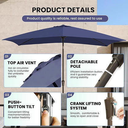 Ayge 6.5x10FT Rectangular Patio Umbrella Outdoor Table Umbrella w/Push Button Tilt & Crank Rectangle Market Umbrella UV Protection for Garden,Deck,Lawn,Yard & Pool,Navy
