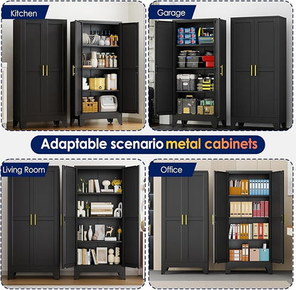 erosoei 61" H Metal Garage Storage Cabinet, Black Metal Pantry Cabinet with 3 Doors, Locker Steel Cabinet with 3 Adjustable Shelves, Freestanding Cupboard for Garage,Office,Home,Gym,School