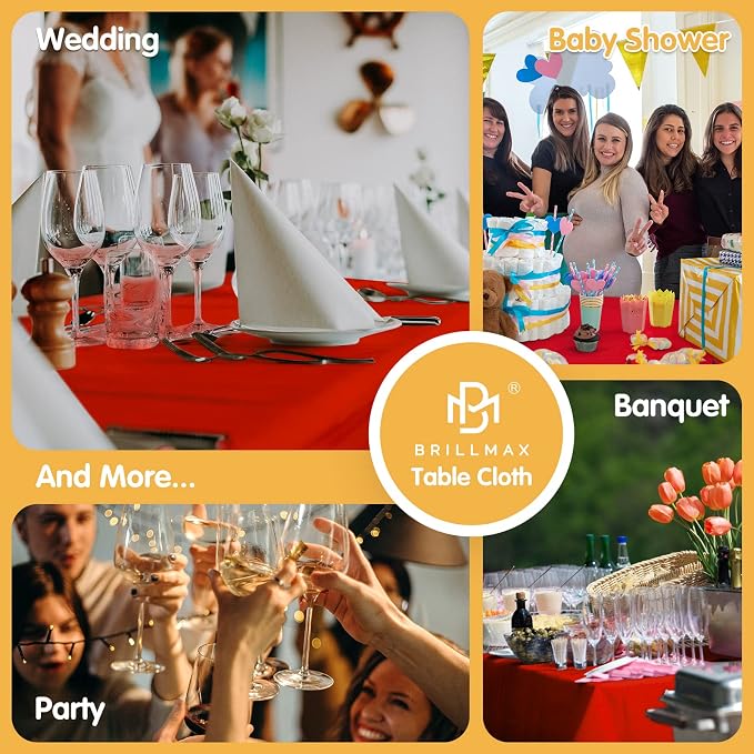 BRILLMAX 4 Pack Red Tablecloths 90x132 Inch for 6ft Rectangle Tables | 150 GSM Polyester Fabric, Floor Length Drop, Water, Stain & Wrinkle Resistant Cloth Cover for Wedding Reception Banquet Party