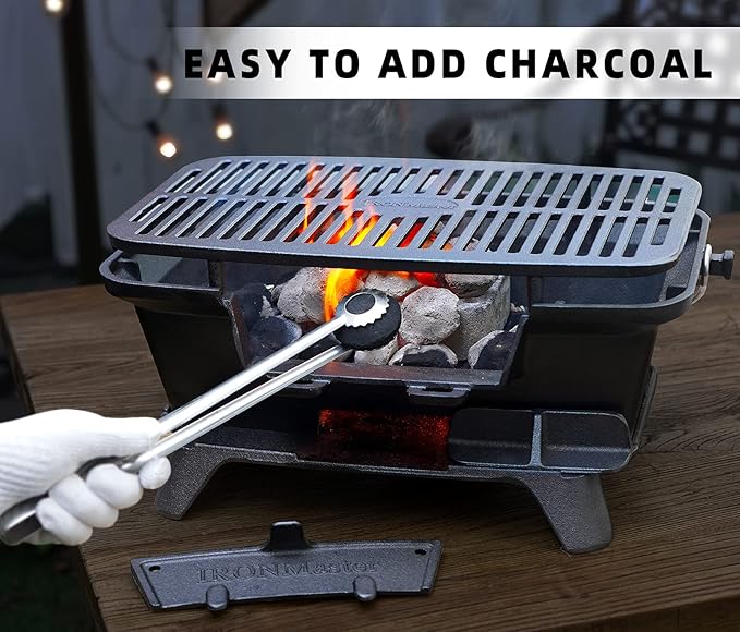 IronMaster Hibachi Grill Outdoor - Small Portable Charcoal Grill, 100% Cast Iron, Japanese Yakitori Tabletop Camping Grill - Cooking Grate Surface 17" x 10.5" for 5-8 People