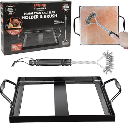 Steven Raichlen's Himalayan Salt Block Holder for 8x8 Salt Slabs with Stainless Steel Grill Brush – Heavy-Duty BBQ Rack with Handles – Grilling & Cooking Accessories for Indoor & Outdoor Use