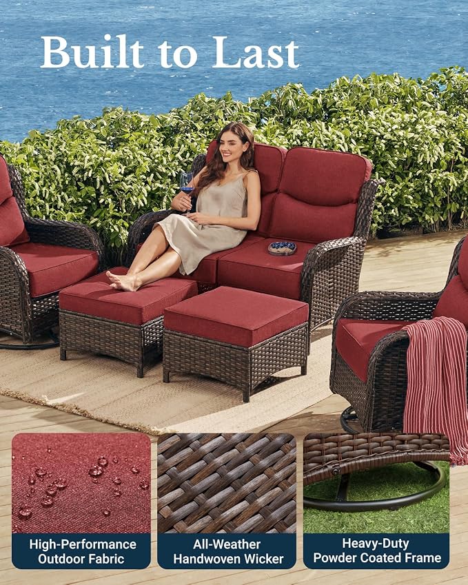 HILLGA Oversized Loveseat, Outdoor Sofa with High Back and 6-Inch Cushions | Patio Couch, Wicker Sofa, Outdoor Seating, Porch Furniture, Deck Couch, Luxury Furniture, Poolside Yard (Burgundy)