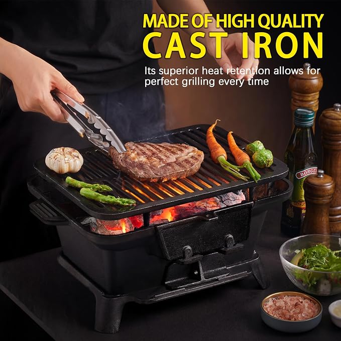Hibachi Grill Outdoor, Portable Small Charcoal Grills, 100% Cast Iron, Mini Japanese Yakitori Tabletop Skillet Grill Stove for Outdoor Camping - Coal Door, Draft Door, Ideal for 2 People
