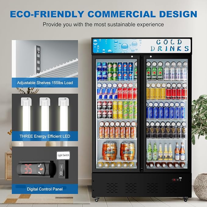 40 Cu.ft. Commercial Beverage Refrigerators, 47.83''Glass Door Refrigerator Upright Display Cooler with Soft LED Light and Adjustable Shelves for Stores