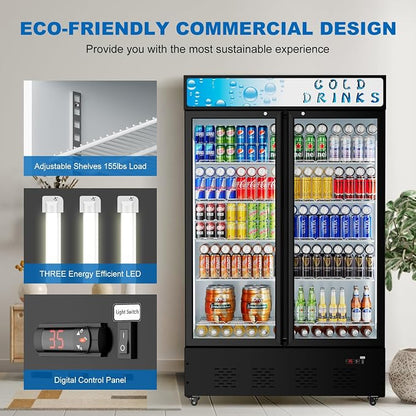 Commercial Display Refrigerator Glass Door 40 cu.ft Commercial Beverage Refrigerators with LED and Shelves for Cafe, Restaurant, Store