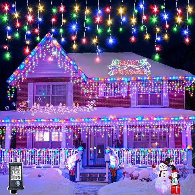 33FT Icicle Lights for Outside 400 LED Multicolor Christmas Lights | Connectable Icicle Christmas Lights Outdoor Plug in 8 Modes with 75 Drops for House Indoor Wedding Christmas Decoration