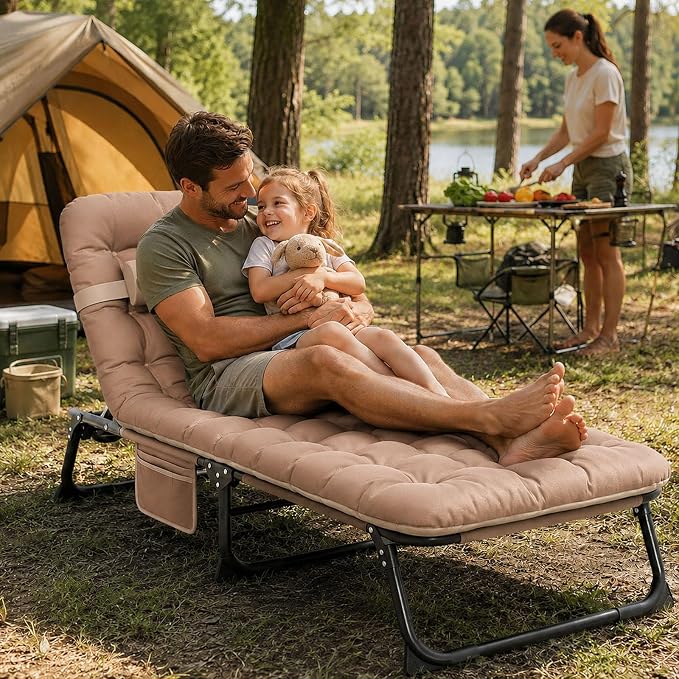 Suteck Tanning Chair with Face Hole, Folding Beach Lounge Chairs, Beige | Adjustable 5-Position Reclining Chaise, Removable Cushion & Pillow, Cooler Bag, 500Lbs Heavy-Duty for Outdoor Camping& Home