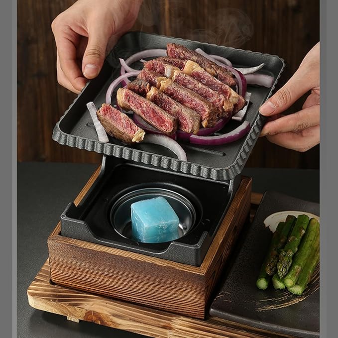Japanese BBQ Grill Set, Portable Charcoal Stove with Wooden Base for Yakiniku, Robata, Yakitori, Takoyaki, Camping,C