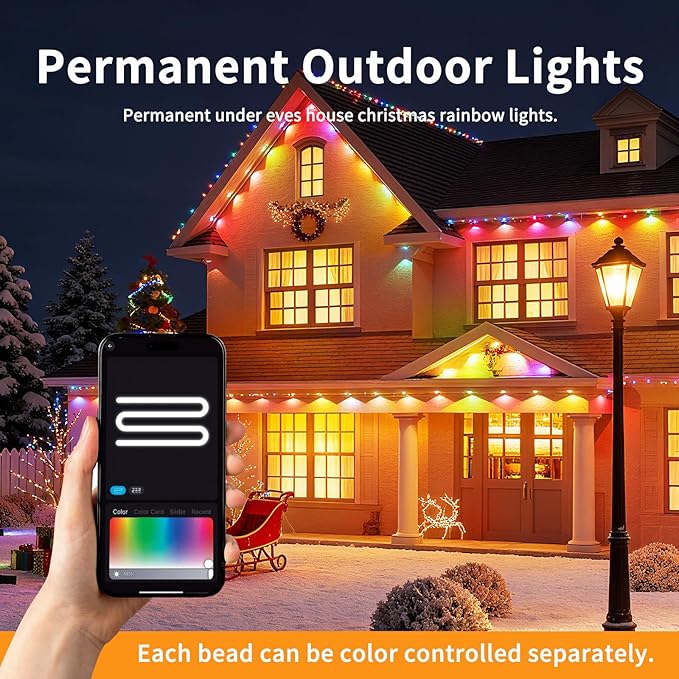 Permanent Outdoor Lights,100ft Smart Rainbow Eave Holiday Light IP67 Waterproof with 60 LED Lights for Christmas Halloween House Decorations, Compatible with Alexa, Google Assistant