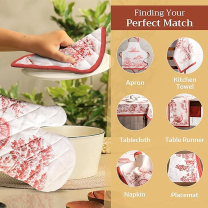 Maison d' Hermine 100% Cotton Oven Mitt & Pot Holder Set (7.5"x13" & 8"x8") Heat Resistant BBQ Cooking Gloves with Loop for Thanksgiving Christmas Decorations Handling Hot Pans (Holy Jouy - Red)