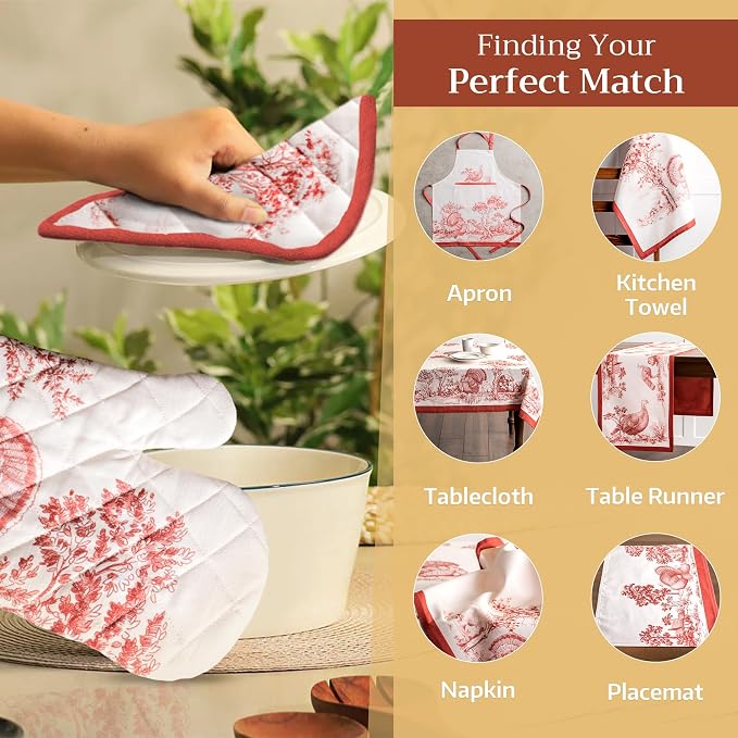 Maison d'Hermine Oven Gloves 100% Cotton Oven Mitt (7" x 13", Pack of 1) | With Loop Heat Resistant BBQ Cooking Gloves Baking Kitchen Handling Hot Pans Thanksgiving Christmas - Holy Jouy - Red