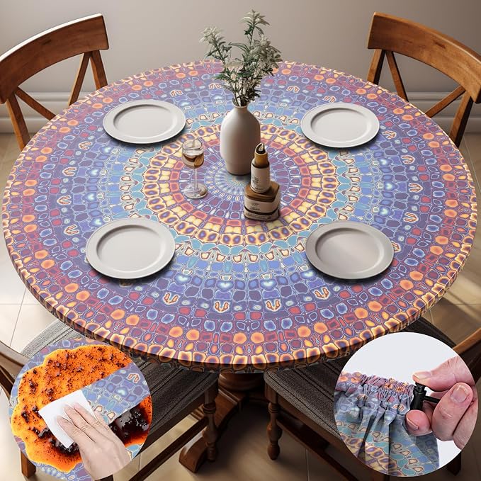 opstellen Fitted Round Tablecloth Bohemian Vinyl Patio Table Cloths for 36-44" Tables Camper Travel Vacation Accessories Living Room New HomeHouse Decorations Outdoor Road Trip Must Haves