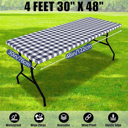 Smiry Picnic Table Cloth 2 Pack, Waterproof Elastic Fitted Tablecloths for 4FT Rectangle Tables, Washable Polyester Buffalo Plaid Tablecloth for Camping, Dining & Outdoor (Navy & White, 30" x 48")