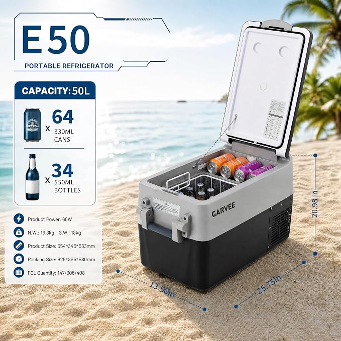 Garvee 53QT 12V Portable Refrigerator, Dual Zone Car Fridge Freezer with App Control & AC/DC Power for Camping, RV, Truck, Fishing & Home