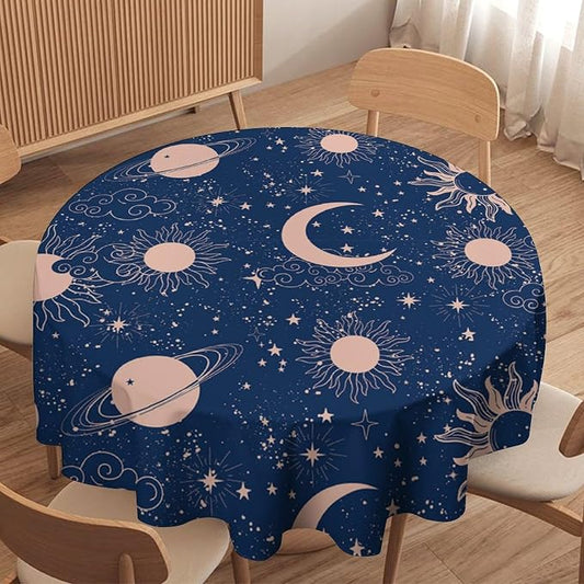 Moon Sun Round Tablecloth Vintage Star Magical Galaxy Space Boho Celestial Table Cloth Water Resistant Wipeable Table Cover for Farmhouse Picnic Party Holiday Kitchen Dinner Table 36"