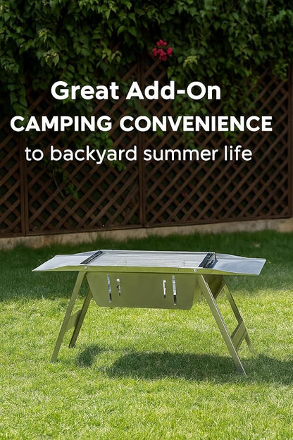 DesignNest Foldable Charcoal Grill - Full Body Stainless Steel Portable BBQ Stand Hibachi with Height Adjustable Grates, 2 Side Trays & Carry Bag 38' Cooking Area For Camping Tailgating & Patios