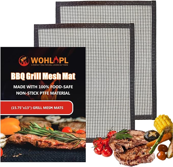 2 Pack Grill Mesh, Non Stick BBQ & Baking Mats, Heavy Duty, Reusable and Easy to Clean, Works on Gas, Charcoal and Electric BBQ (15.7 x 13 Inch x 2 pcs)