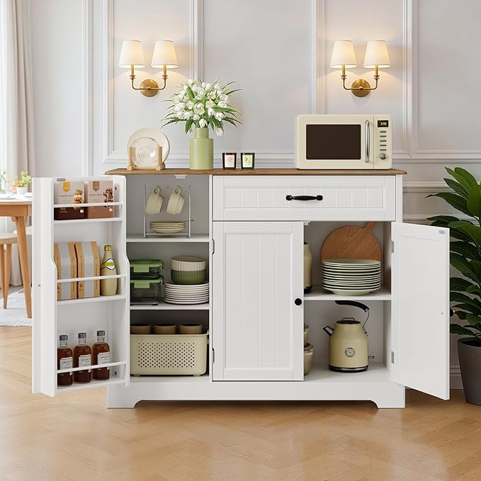 Coffee Bar, Storage Cabinet, White and Rustic | Buffet Cabinet, Sideboard Cabinet with Internal Storage Shelf for Dining Room, Kitchen, Living Room, Kitchen and Laundry Room