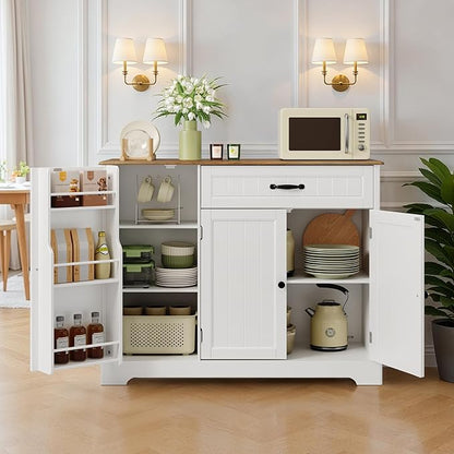 Coffee Bar, Storage Cabinet, White and Rustic | Buffet Cabinet, Sideboard Cabinet with Internal Storage Shelf for Dining Room, Kitchen, Living Room, Kitchen and Laundry Room