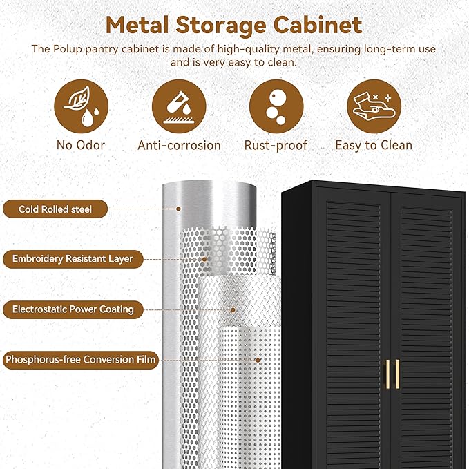 Polup 75" Metal Storage Cabinet with Doors and Shelves, Black Kitchen Pantry Cabinet, 6-Tier Freestanding Tall Storage Cabinet for Garage, Office, Bathroom, Laundry Room, Dining Room